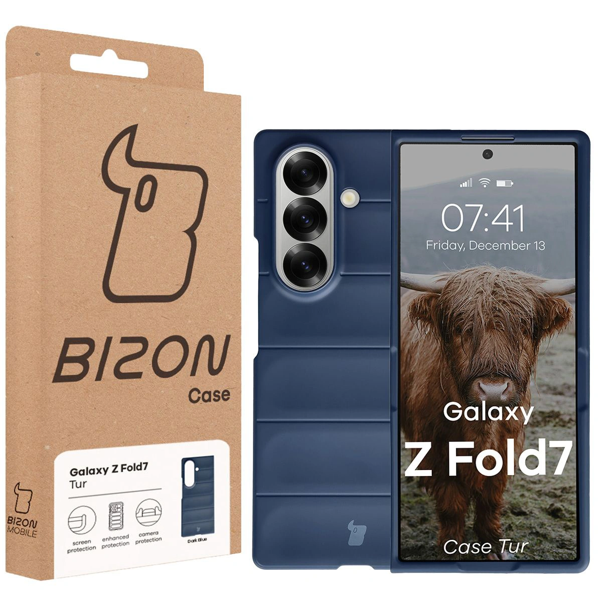 Przód pudełka Bizon Case z dedykowaną etykietą do Galaxy Z Fold7